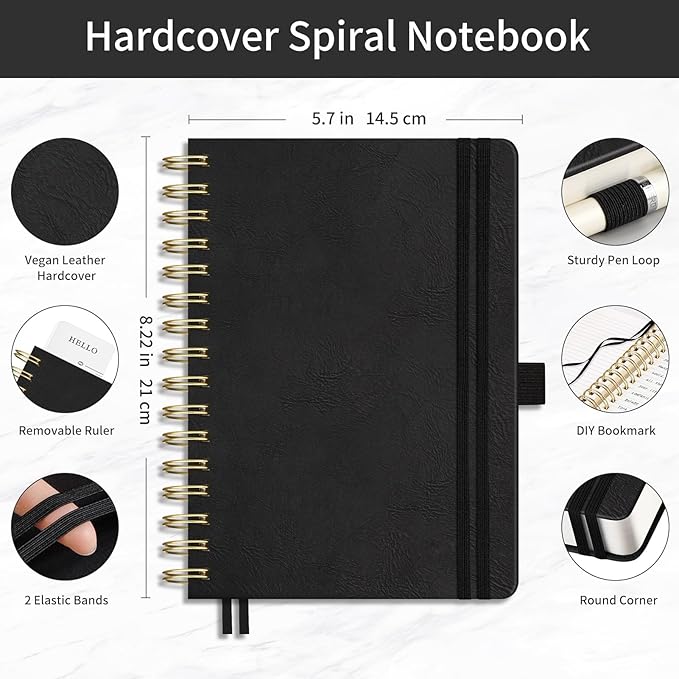 EMSHOI Spiral Notebook College Ruled, 300 Numbered Pages, A5 Small Hardcover Leather, 100 GSM Thick Lined Journal for Women Men Work Writing Journaling Note Taking, 5.7" x 8.22", Black