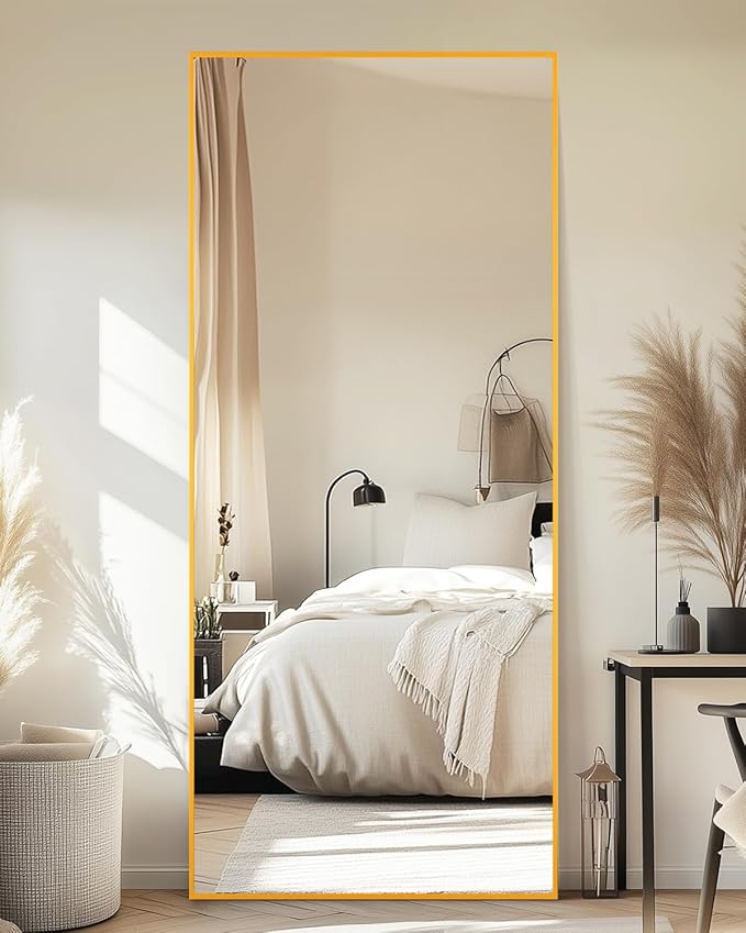 Full-Length Floor Mirror with Stand, 58"x18" Rectangle Style Full Body Standing Mirror for Bedroom, Living Room, Gym, Dorm - Shatter-Resistant & Easy Assembly, Gold