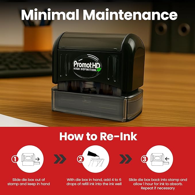 Promot Pre-Inked Custom Deposit Stamp - Personalized Text, Refillable Custom Stamp with Built-in Ink Reservoir, Easy 3-Step Re-Inking, Customized Rubber Stamp for Bank and Businesses (6-Lines)