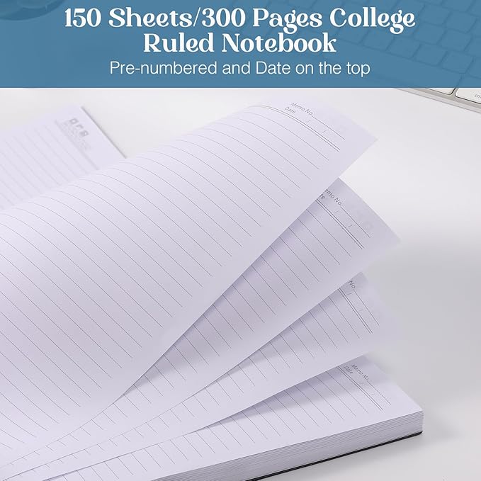 Spiral Notebook, 8.5” x 11” Notebooks for Work, 300 Numbered Pages College Ruled Notebook, Large Notebook for School with 24 Tabs, A4 Notebook Journal for Women Men, Thick Paper, Back Pocket, Black