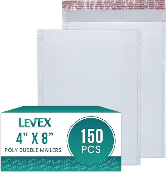 Levex - #000 4" x 8" [150 Pack] Poly Bubble Mailers, Padded Envelope Mailers, Packing Envelope & Mailing Bags for Shipping