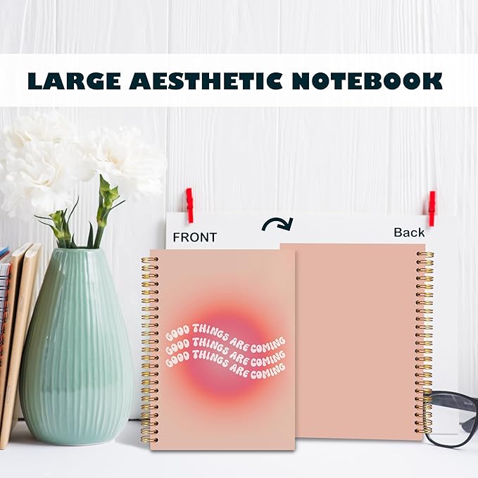 BearCake Trendy Y2K Pink Aura Preppy Notebook Journal, Wavy Good Things are Coming Inspirational Notebooks, Aesthetic Notebooks, Pink Aesthetic Office Supplies, Hardcover Spiral Notebook 5.5x8.3