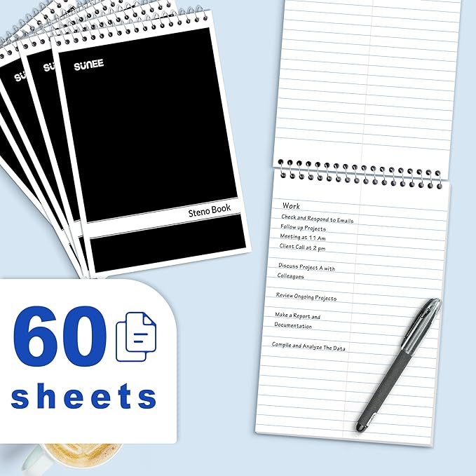 SUNEE 12 Pack Steno Pads 6x9, Gregg Rule, 60 Sheets, Spiral Notebook 6x9, White Paper, Take Notes with Top Spiral Notebook, for School, University, College, Work, Office, Black