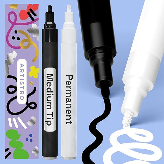 ARTISTRO 2 Black & White Permanent Marker - Waterproof Markers for Tire, Fabric, Rocks, Glass, Ceramic, Wood, Paper - Oil Based Paint Pens - Medium Tip 3mm