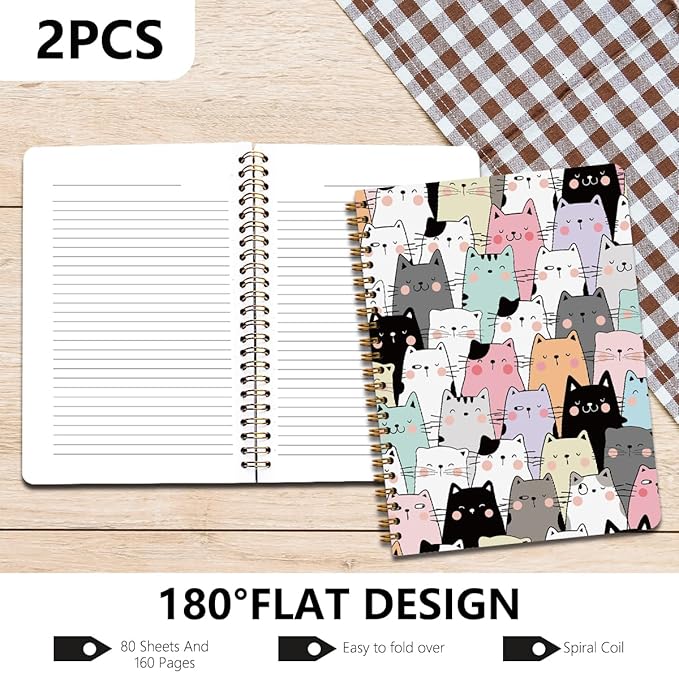 2Pcs Spiral Notebook, Funny Cat College Ruled Spiral Notebook, 160 Pages Hardcover Notebooks Journals for Writing Travel Business Office, Christian Cute Aesthetic Notebooks for Women