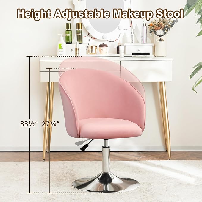 Furnimart Velvet Vanity Chair with Chrome Frame, Height Adjustable & Swivel, Pink - Living Room, Bedroom, Office