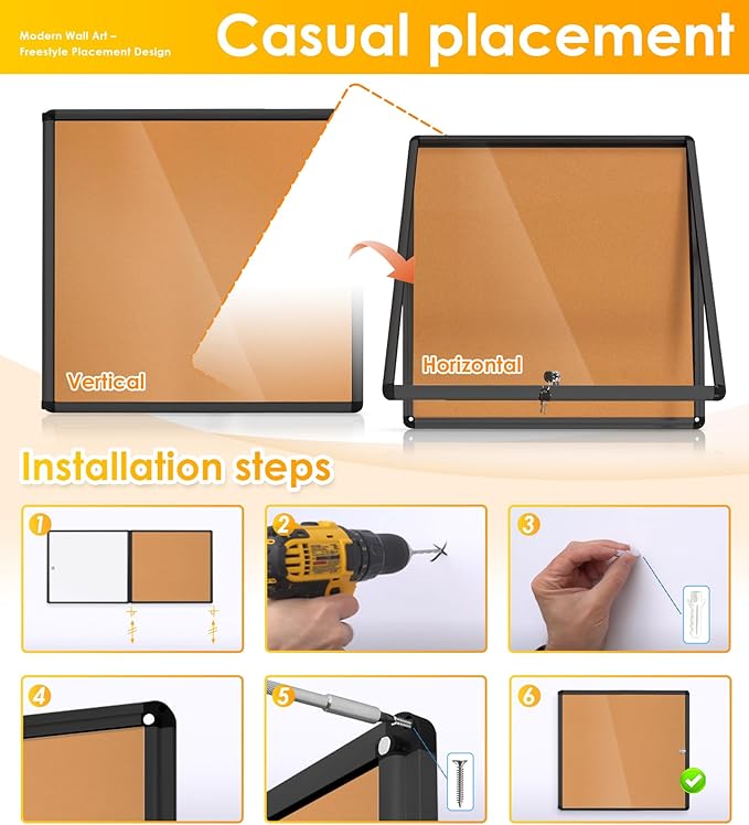 SWANCROWN Lockable Noticeboard Wall-Mounted Bulletin Cork Boards Tamper Proof Information Board Indoor,Black Frame,28x26 inch (6xA4)