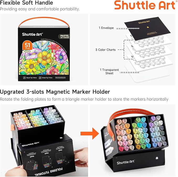 Shuttle Art Pastel Alcohol Markers Brush tip, Dual Tip Brush & Chisel Tip Art Marker Set, 50 Colors plus 1 Blender Marker Pens with Case Perfect for Illustration Students Adults Coloring Sketching