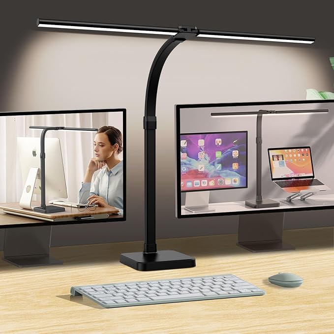 LED Desk Lamp for Home Office, Double Head 24W with Base, Architect Light 5 Lighting Brightness Flexible Gooseneck Table Reading Study, Black