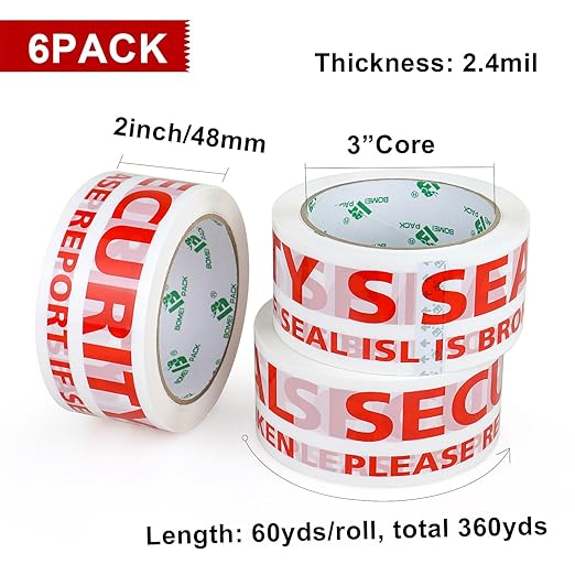 BOMEI PACK Security Seal Tape, Please Report if Seal is Broken Printing Packing Tape with Dispenser, 2.4mil 2inch x 60yds, 6Rolls Heavy Duty Fragile Tape Refills for Shipping, Moving and Sealing
