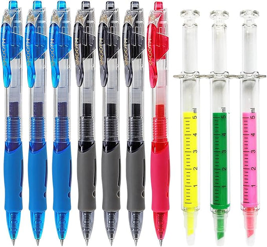 10 Pack Pharmacy Pens Set with 7 Gel Ink Pens(Black/Blue/Red), 3 Syringe Highlighters, Funny Writing Instruments for Nurses Pharmacists Technicians Medical Assistants Students