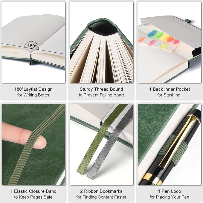 College Ruled Notebook, Large A4 Hardcover Leather Journal, 312 Numbered Pages Writing Journal, 100gsm No Bleed Paper, Lined Journal Notebook for Women Men School Office, 8.5''×11'', Green