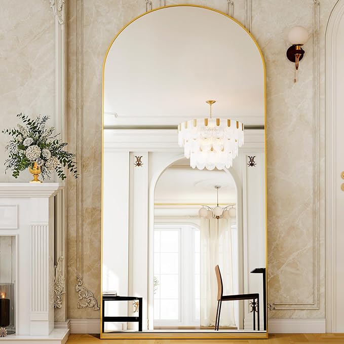 GLSLAND-38x77 inch Arched Full Length Mirror - Floor Mirrors Aluminum Alloy Frame Full Body Dressing Mirror for Bedroom Living Room,Gold