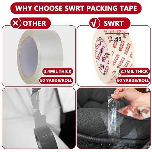 SWRT 2.7Mil Thick Ultra Clear Packing Tape, 36 Rolls Heavy Duty Packaging Tape for Shipping Packaging Moving Mailing, Thicker Sealing Tape-1.88" x 60 Yards Per Roll, 2160 Total Yards