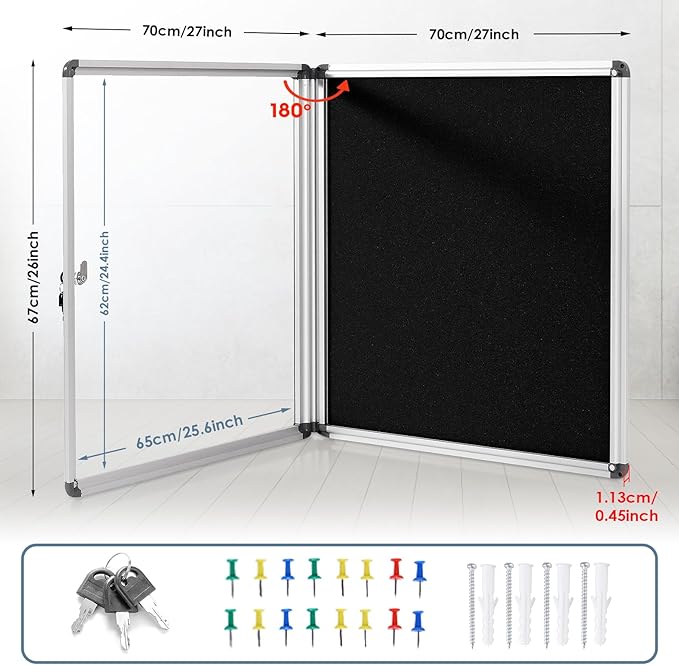 Enclosed Bulletin Board Lockable Display Case Message Board with Locking Door for Indoor, Black Felt, Silver Aluminum Frame, 28x26 inch (6xA4)