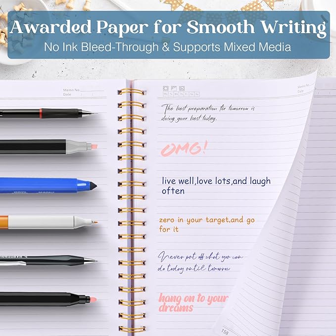 Spiral Notebook, 8.5” x 11” Notebooks for Work, 300 Numbered Pages College Ruled Notebook, Large Notebook for School with 24 Tabs, A4 Notebook Journal for Women Men, Thick Paper, Back Pocket, Black