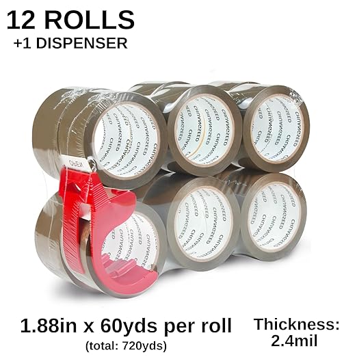 CHUANGSEED Packing Tape with Dispenser – 12 Rolls Brown Shipping Tape (2.4Mil x 1.88” x 60 Yards), Heavy Duty Box Sealing Tape for Moving, Packaging, Office, Warehouse