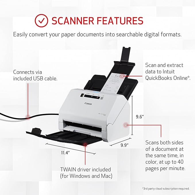 Canon imageFORMULA R40 Office Document Scanner Receipt Edition, for PC and Mac, Scan & Extract Data to QuickBooks Online, Color Duplex Scanning, Auto Document Feeder, Easy Setup for Office Or Home Use