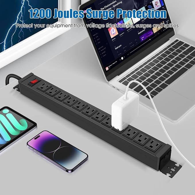 HHSOET Rotating Mountable Power Strip, 12 Outlet Wall Mount Surge Protector, Metal Heavy Duty and Versatile Outlet Strip, Stylish Appearance, Sturdy and Durable, 10ft Power Cord.(Black)