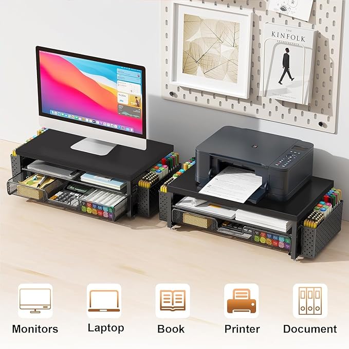 gianotter Wood Monitor Stand Riser, Office Desk Shelf Organizer, Desk Organizer with Drawer and Pen Holder, 2-Tier Computer Stand, Office Organization (Ink)