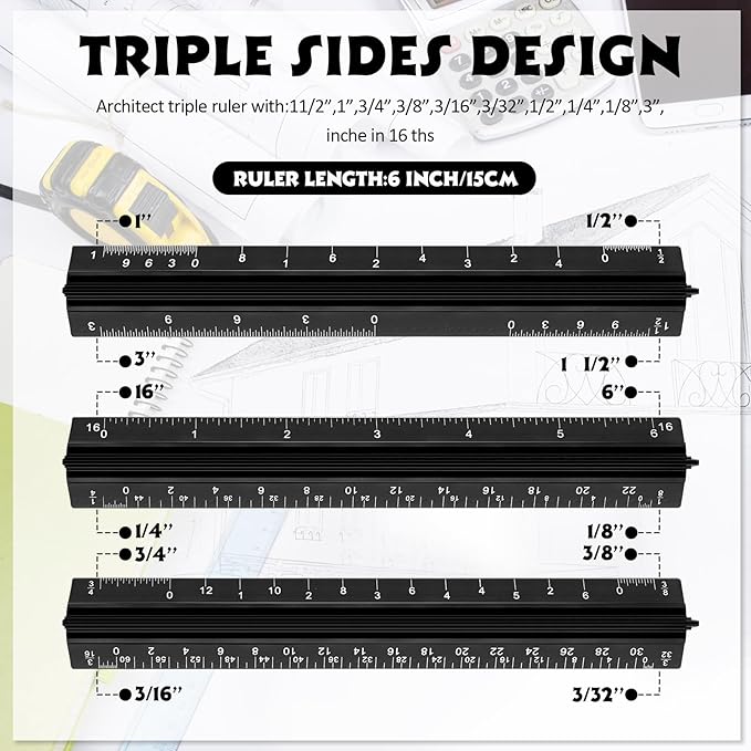 Fumete 12 Pack 6 Inch Architectural Engineering Scale Rulers Small Scale Ruler Pocket Size Scale Ruler Construction Rulers Imperial Measurements for Architects Engineering, Draftsman Drawing(Black)