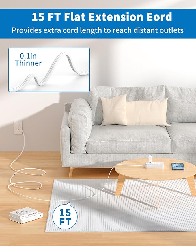 Flat Extension Cord 15 ft, NTONPOWER Surge Protector Power Strip with 6 Widely Outlets 4 USB Ports(2 USB C), Flat Plug, Wall Mounted, Side Outlet Extender for Indoor, Home Office, Dorm Room Essentials