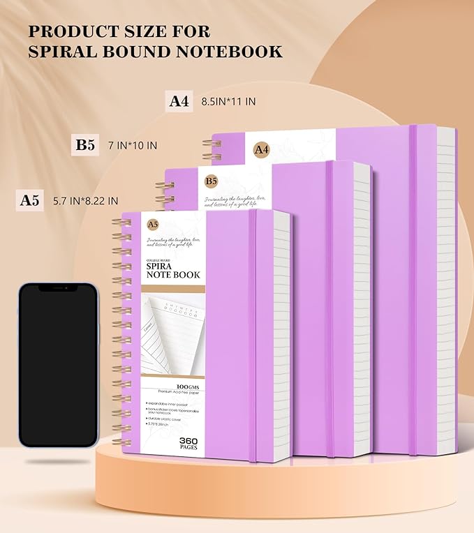 Spiral Notebook Journal College Ruled 8.5''x 11'', 360 Pages Lined Thick Journals for Women Men, A4 Large Writing Spiral Journal with 100GSM Paper, Spiral Notebooks for Work, School Purple