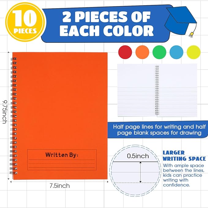 Henoyso 10 Pcs 100/50 Sheets Primary Composition Notebook K-2 Bulk Spiral Primary Journal Drawing Handwriting Practice for Kids Kindergarten 1st 2nd Back to School Supplies (Bright Color,50 Sheets)
