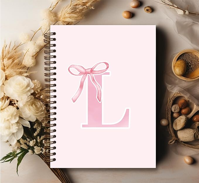 Coquette Trendy Preppy Pink Bow Spiral Notebook,Initial L Journal Personalized Teen Girl Gifts,Monogrammed Gifts for Women Teen Girl,College Ruled Hardcover Spiral Notebook 5.5 x 8.3
