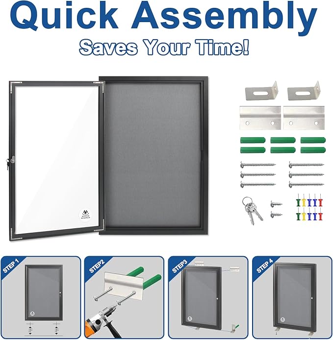 Lockable Outdoor Enclosed Bulletin Board,Weatherproof Cork Noticeboard with Locking Door, Wall-Mounted Aluminum Frame Display Case for Office, Home, School (Black Frame | Greyfelt Surface, 36x24 inch)