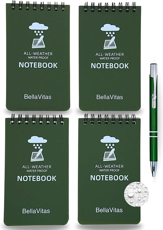 Waterproof 3x5 Notebook Pocket Notebook Small Spiral Notebooks Pocket Notepad Small Notepad 3x5 Pocket Notepad Police Notepad Tactical Notebook and All-Weather pen 4 Pack Green