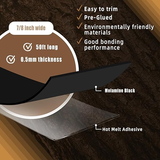 GSCIT Club Black Edge Banding, 7/8 inch x 50ft Melamine Edge Banding with Hot Melt Adhesive Preglued Cabinet Edge Banding Flexible Black Veneer