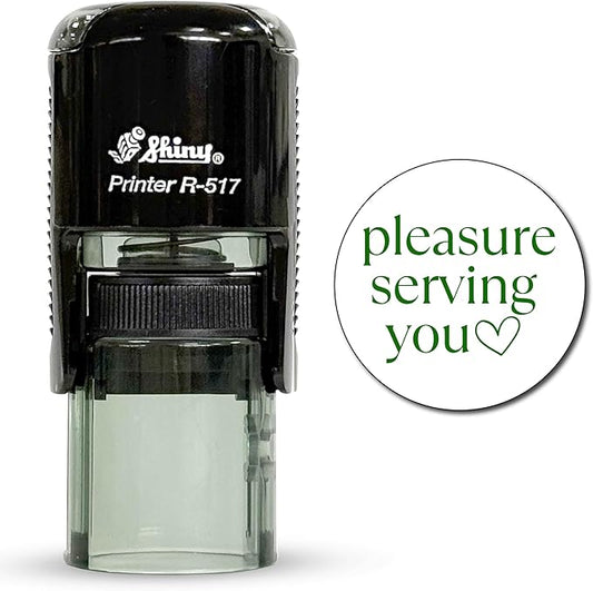 Shiny Pleasure Serving You Stamp, Round Self Inking Stamp for Office and Retail, Green Ink