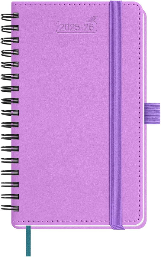 BEZEND Pocket Planner 2025-2026 Weekly and Monthly, 3.5" x 6" Academic Planner (Jul 25-Dec 26) 18-Month Mid-Year Calendar Book, Storage Pocket, Pen Holder, PU Leather Softcover, Spiral - Lavender