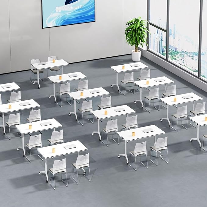 Folding Conference Room Table, Modern Mobile Training Table with Wheels, White Foldable Seminar Meeting Tables for Office Corporations (2pack 55.1in)