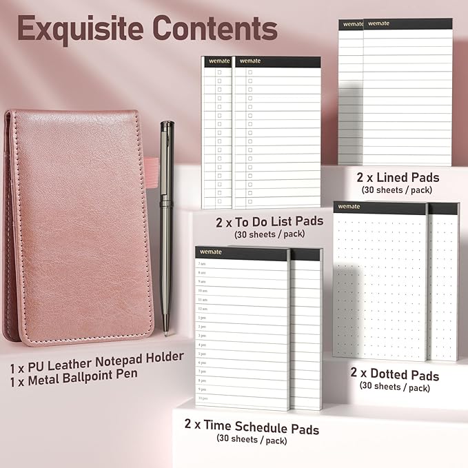 WEMATE 10 Pieces Small Notepad Holder Set Pocket Notebook - Included Mini Pocket Notepad Holder Set with 8 Memo Book Refills and Metal Pen for Meetings, Daily Records, and Notes 3 x 5 Inch (Rose Gold)
