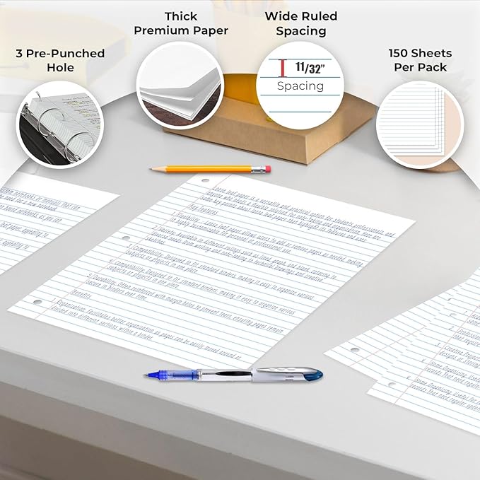 Loose Leaf Paper Bulk, 3600 Sheets, Wide Ruled, 8 x 10.5", Bulk Filler Paper for Office, 56 Gsm Thick Sheets, 3 Hole Punched for Binders, 24 Pack, 150 Sheets/Pack, Notebook Papers, White