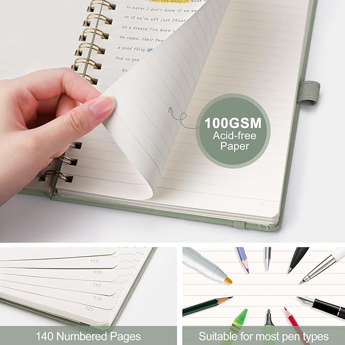 AHGXG Lined Spiral Journal Small Notebook for Women, Notebook College Ruled A5 5.7" X 8.3", 140 Numbered Pages, Hardcover Leather, Meeting Notebook for Work, School Office Supplies, Sage Green