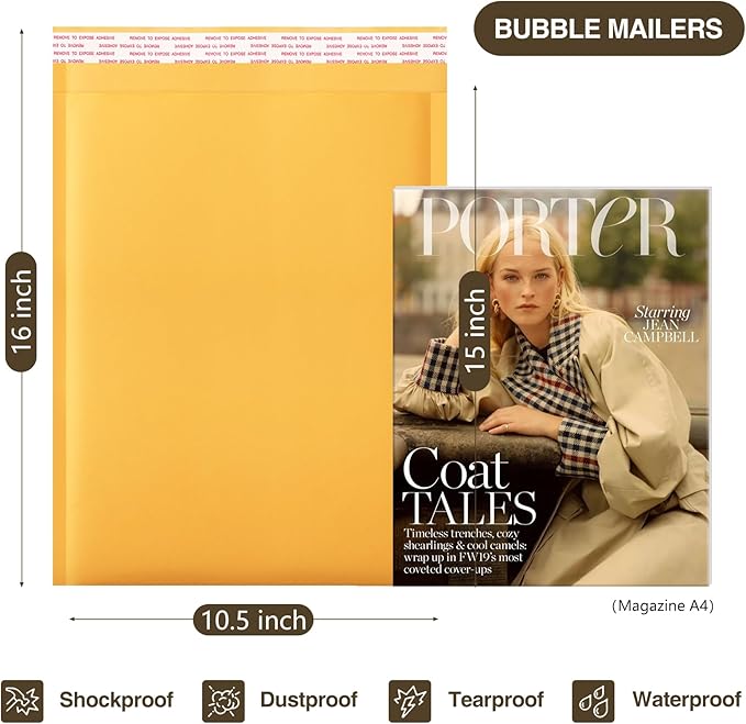 UCGOU Kraft Bubble Mailers 10.5x16 Inch 25 Pack Usable Size 10.5x15 Yellow Padded Envelopes #5 Large Mailing Packages Self Sealing Tear Resistant Boutique Bulk Mail Shipping Bags for Book and More