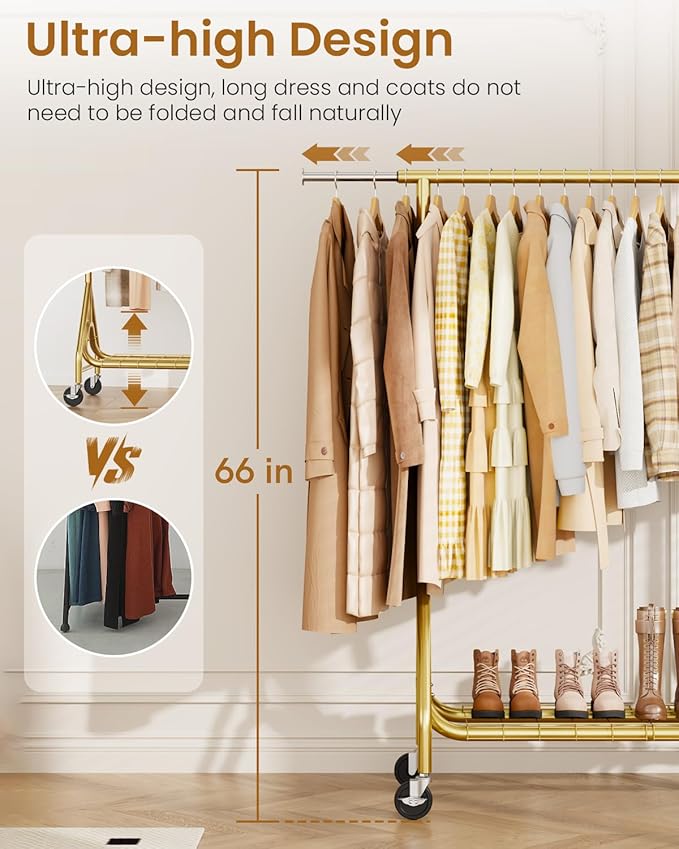 Heavy Duty Clothes Rack, Metal Clothing Rack Load 450 LBS, Rolling Coat Racks for Hanging Clothes with Lockable Wheels, Wardrobe Closet Garment Racks for Bedroom, Gold