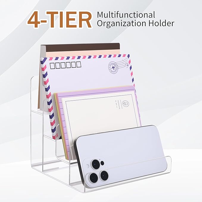 Mail Organizer Countertop, 4 Tier Clear Acrylic Mail Holder, Small Desk File Storage Holders for Bill, Envelope, Letter Sorter