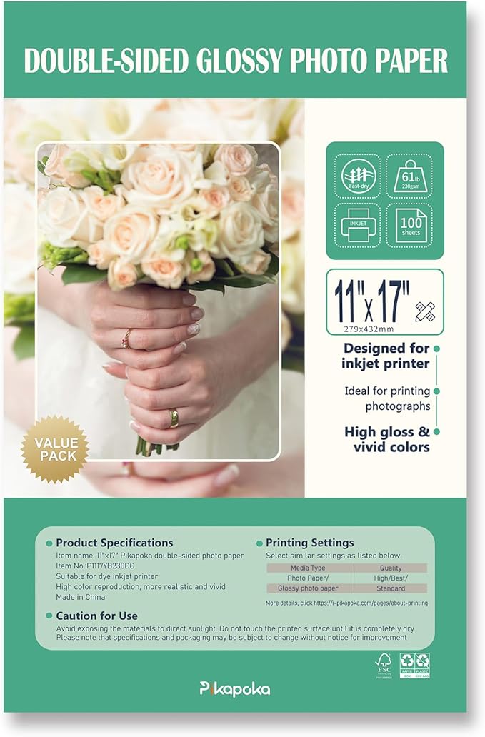 Double Sided Glossy Photo Paper 11x17, Thick Glossy Paper for Cardstock, 100 Sheets 61lb for Inkjet Printer