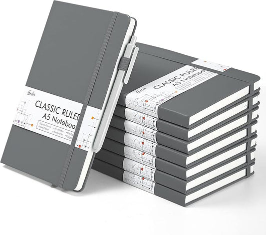 feela 8 Pack Journal Notebook Bulk for School, Hardcover Business Notebooks Classic Ruled Lined Journals with Pen Holder for Work Note Taking, with 8 Black Pens, 120 GSM, 5.1”x8.3”, A5, Gray