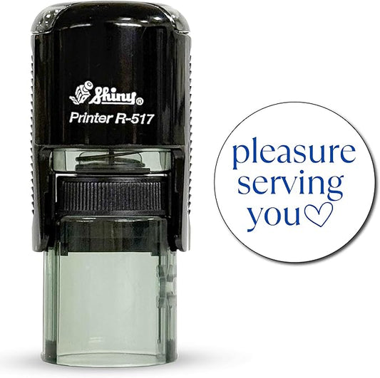 Shiny Pleasure Serving You Stamp, Round Self Inking Stamp for Office and Retail, Blue Ink