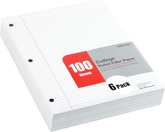 Mintra Office Filler Paper (College Ruled, 600 Sheets (6pks of 100))