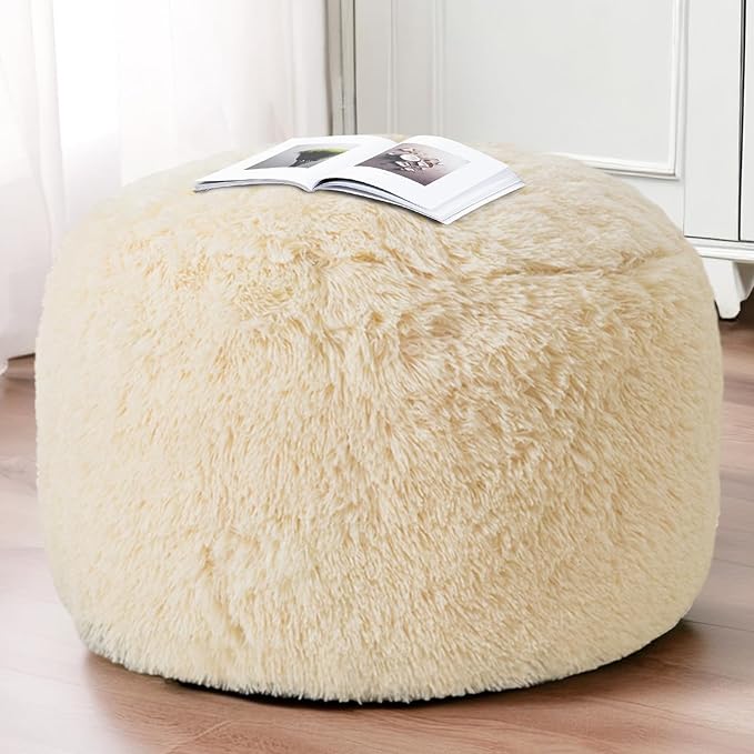 HIGOGOGO Round Stuffed Pouf Ottoman, Long Faux Fur Poufs with Foam Chunk Filling, Fluffy and Furry Pouf Foot Stool Storage Ottoman, 26 X 18 Floor Poufs Foot Rest for Living Room, White