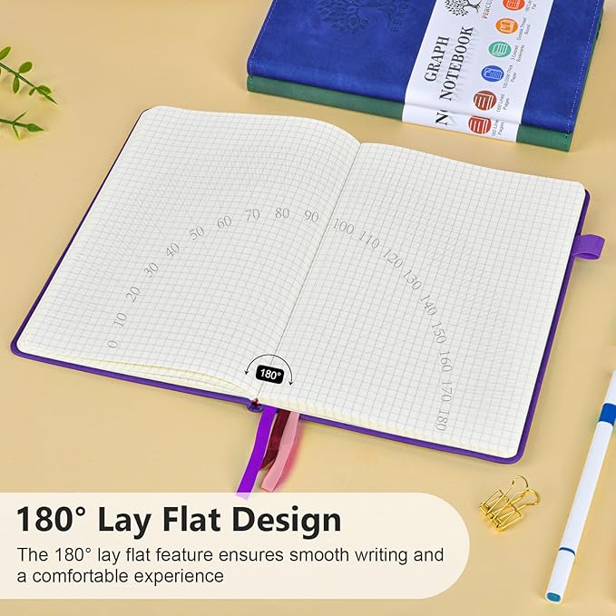 PERCUN Graph Paper Notebook, 160 Pages Grid Journal for women & men, A5 Hardcover Leather Graphing Notebook for School, Work, Travel, Note Taking 5.9”x8.5” (Purple)