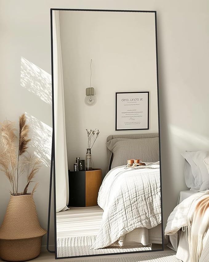 Full-Length Floor Mirror with Stand, 58"x18" Rectangle Style Full Body Standing Mirror for Bedroom, Living Room, Gym, Dorm - Shatter-Resistant & Easy Assembly, Black