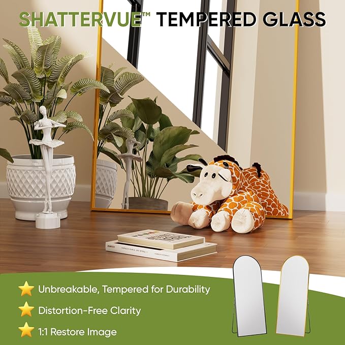 Full-Length Floor Mirror with Stand, 71"x28" Arched Style Full Body Standing Mirror for Bedroom, Living Room, Gym, Dorm - Shatter-Resistant & Easy Assembly, Gold