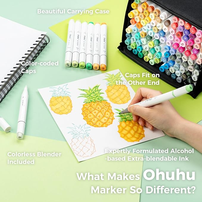 Ohuhu Alcohol Markers Brush Tip -Double Tipped Art Marker Set for Artist Adults Coloring Illustration -120 Colors -Brush &Fine -Honolulu B-Refillable